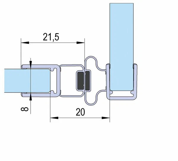 Duschtürdichtung mit Magnet 90° für Pendeltüren für Glasdicken 6 + 8 mm, Länge 2000 mm