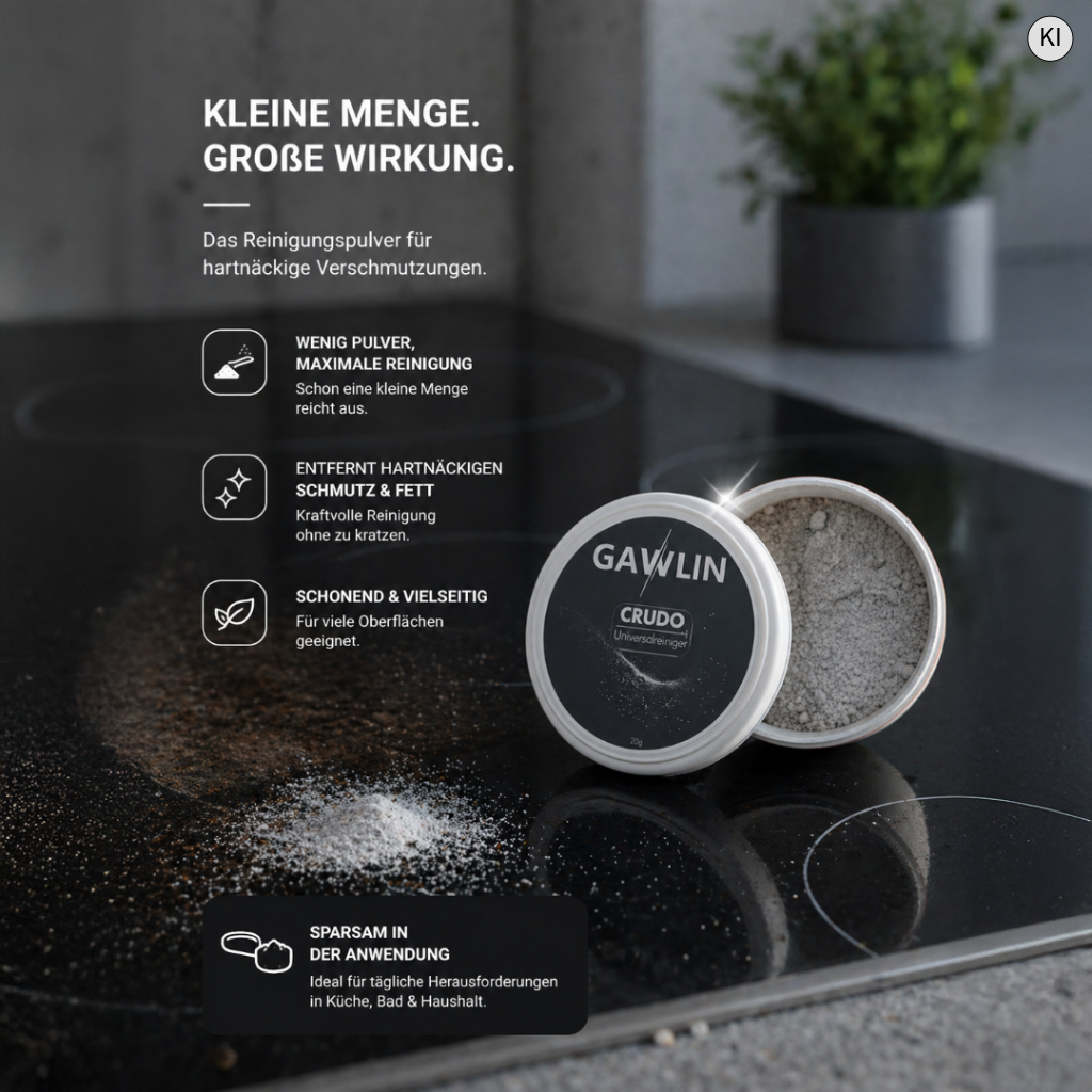CRUDO Reinigungspulver für Glas & Herd – entfernt eingebrannten Schmutz, Fett & Kalk (20g)