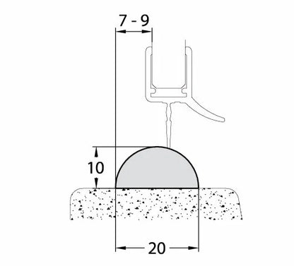 Duschtürdichtung Schwallschutz aus Acryl, Breite 20 mm, Höhe 10 mm, Länge 2000 mm