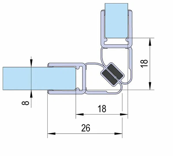 Duschtürdichtung mit Magnetprofil für Eckeinstieg für Glasdicken 6 + 8 mm, 90 Grad, Länge 2160 mm