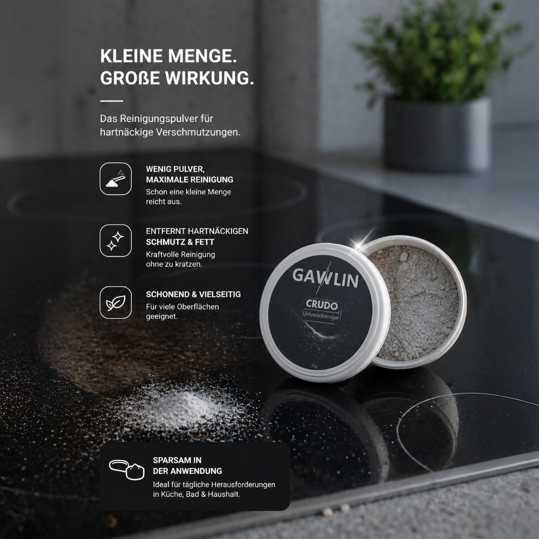 CRUDO Reinigungspulver für Glas & Herd – entfernt eingebrannten Schmutz, Fett & Kalk (20g)